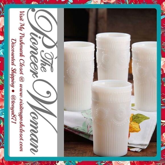 🦋 RARE! HTF! 🦋 EUC Pioneer Woman Adeline 16 oz Tumbler, Set of 4, White - Picture 3 of 7